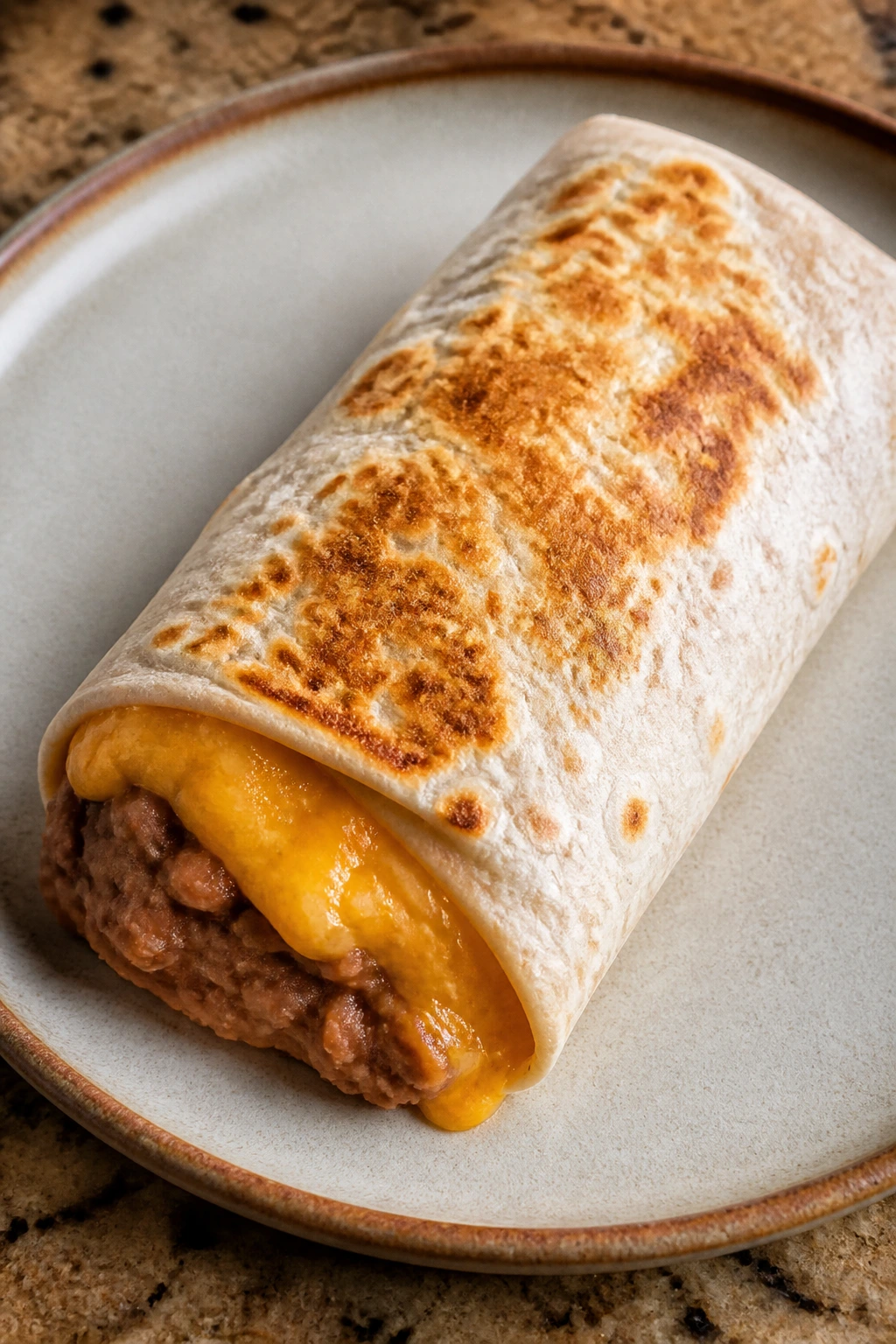 Bean and cheese burrito on a plate showing melted cheese and beans