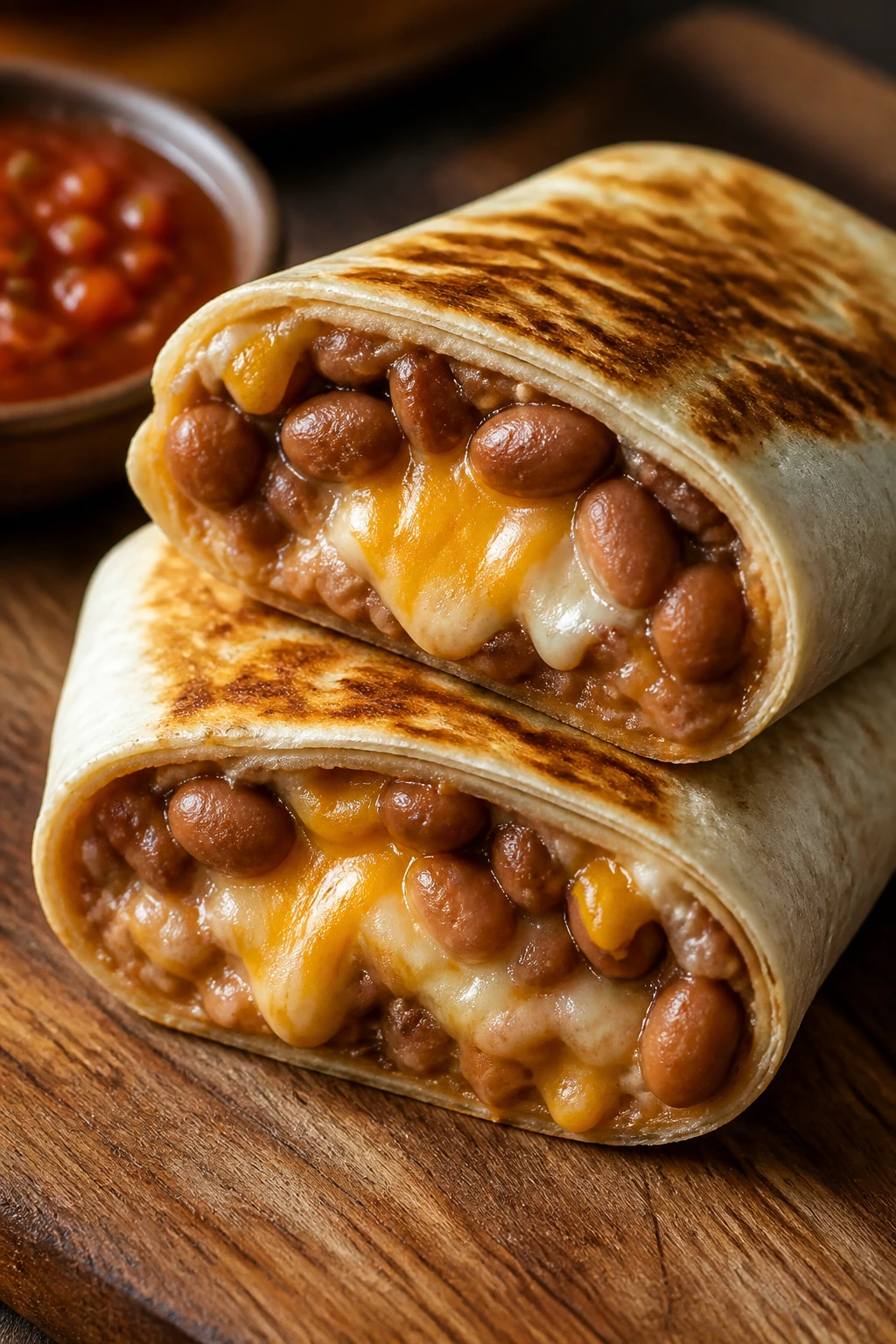 Cut-open bean and cheese burrito showing melted cheese and beans.