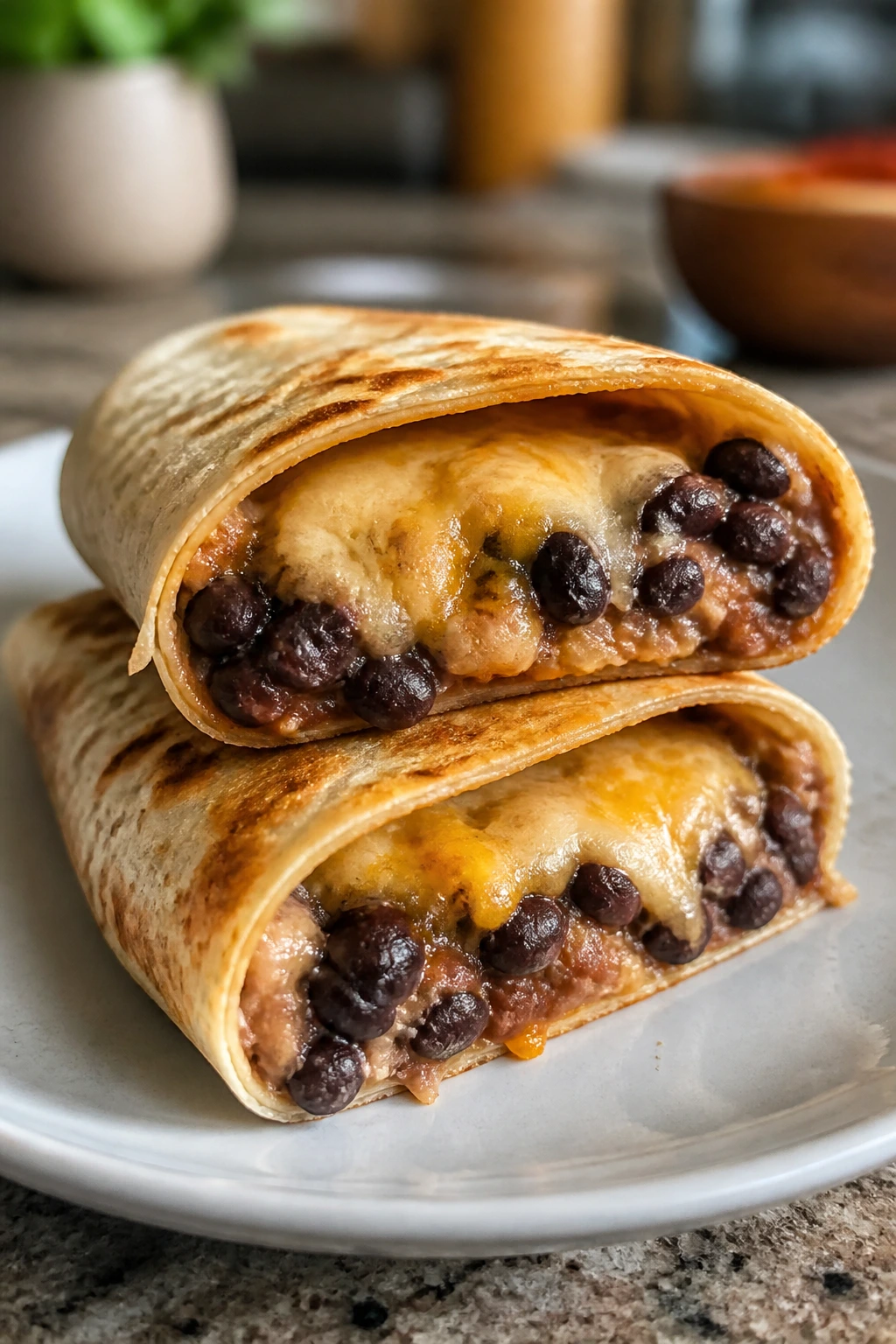 Burrito cut in half showing bean and cheese filling