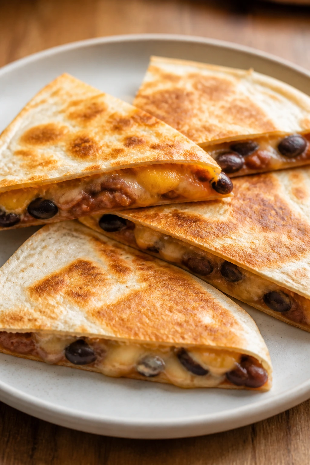 Golden bean and cheese quesadillas cut into wedges on a plate