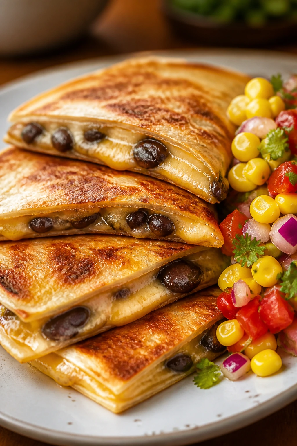 Quesadilla with corn salsa on plate