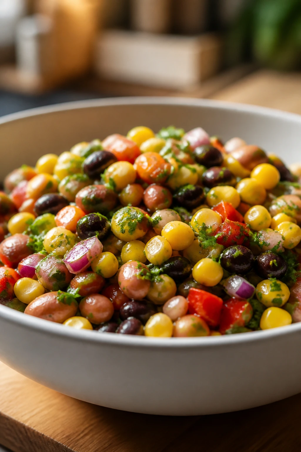 Pantry-first bean and corn salad bowl close-up