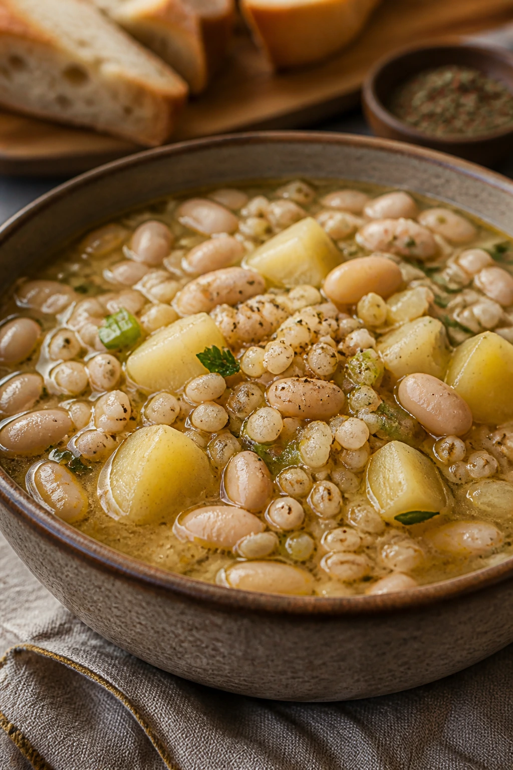 Hearty soup bowl with beans, barley, and potato pieces
