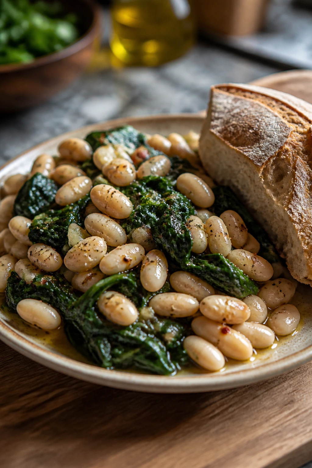 Plate of beans and greens with crusty bread on a rustic kitchen counter