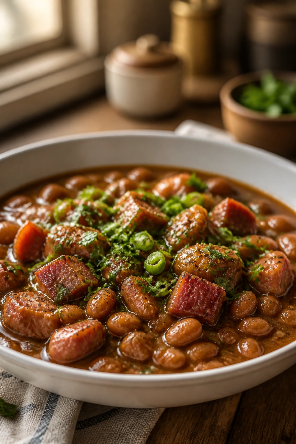 Close-up of glossy bowl of smoky ham and beans with glaze and parsley in a warm kitchen