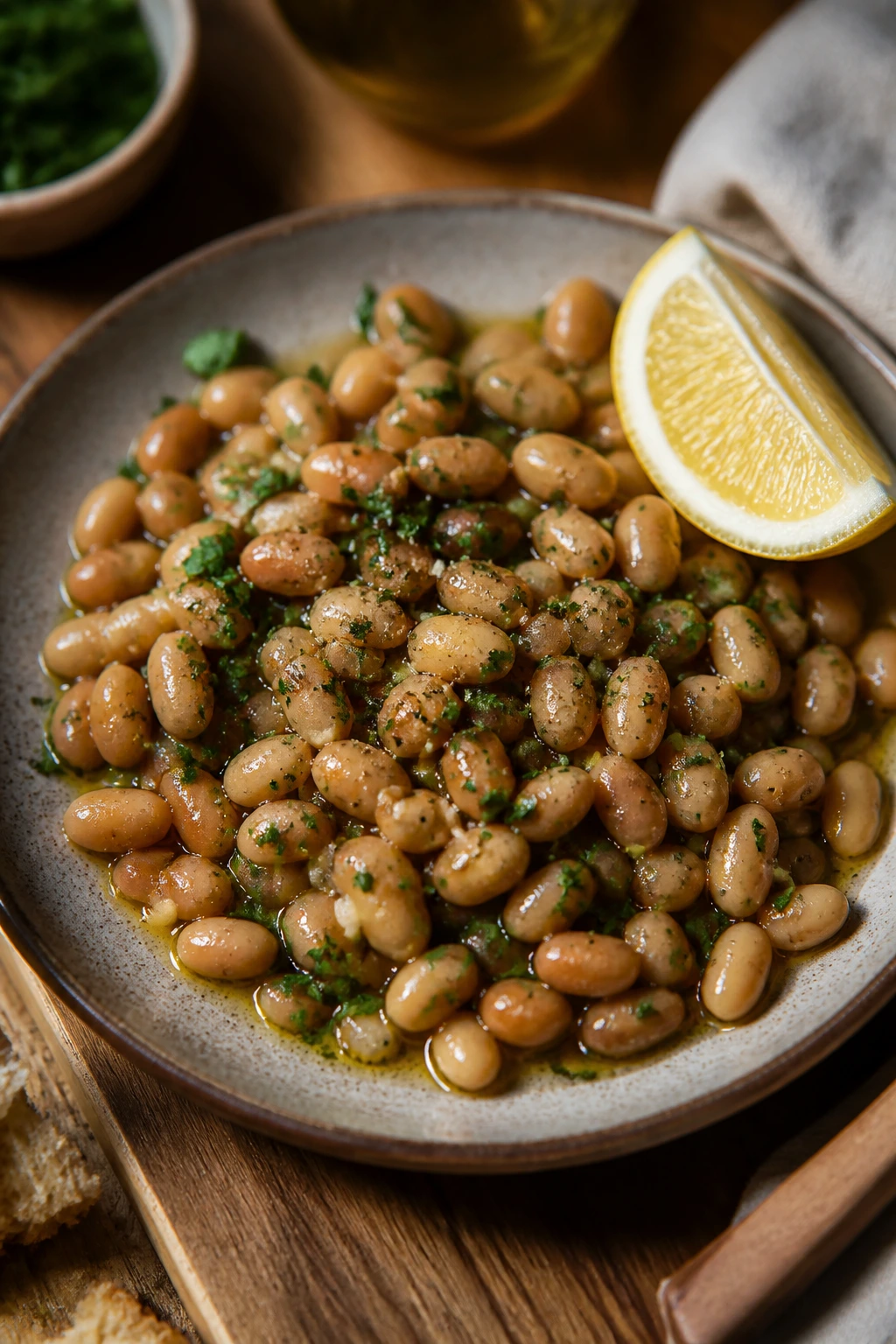 Plate of beans with lemon and parsley drizzle, showing simple upgrades