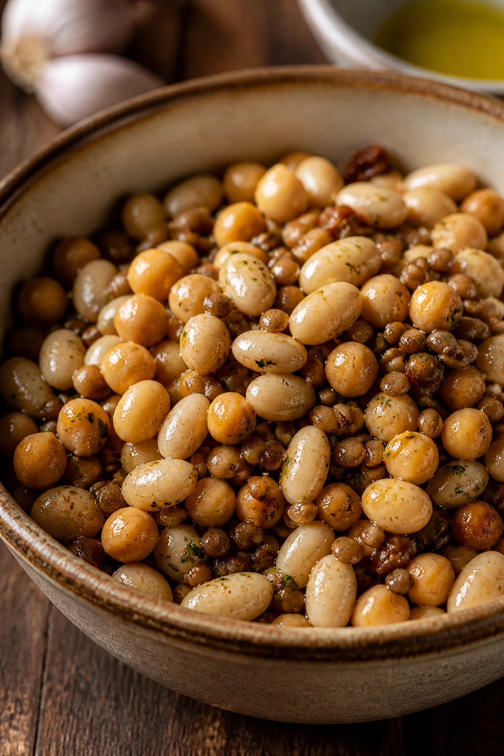 Creamy beans and lentils in a warm-toned bowl on a wooden table