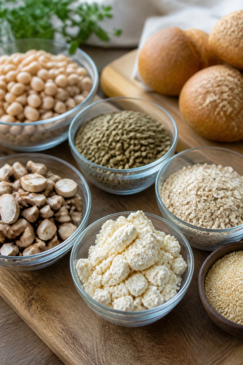 Overhead view of ingredients for vegan burgers in glass bowls