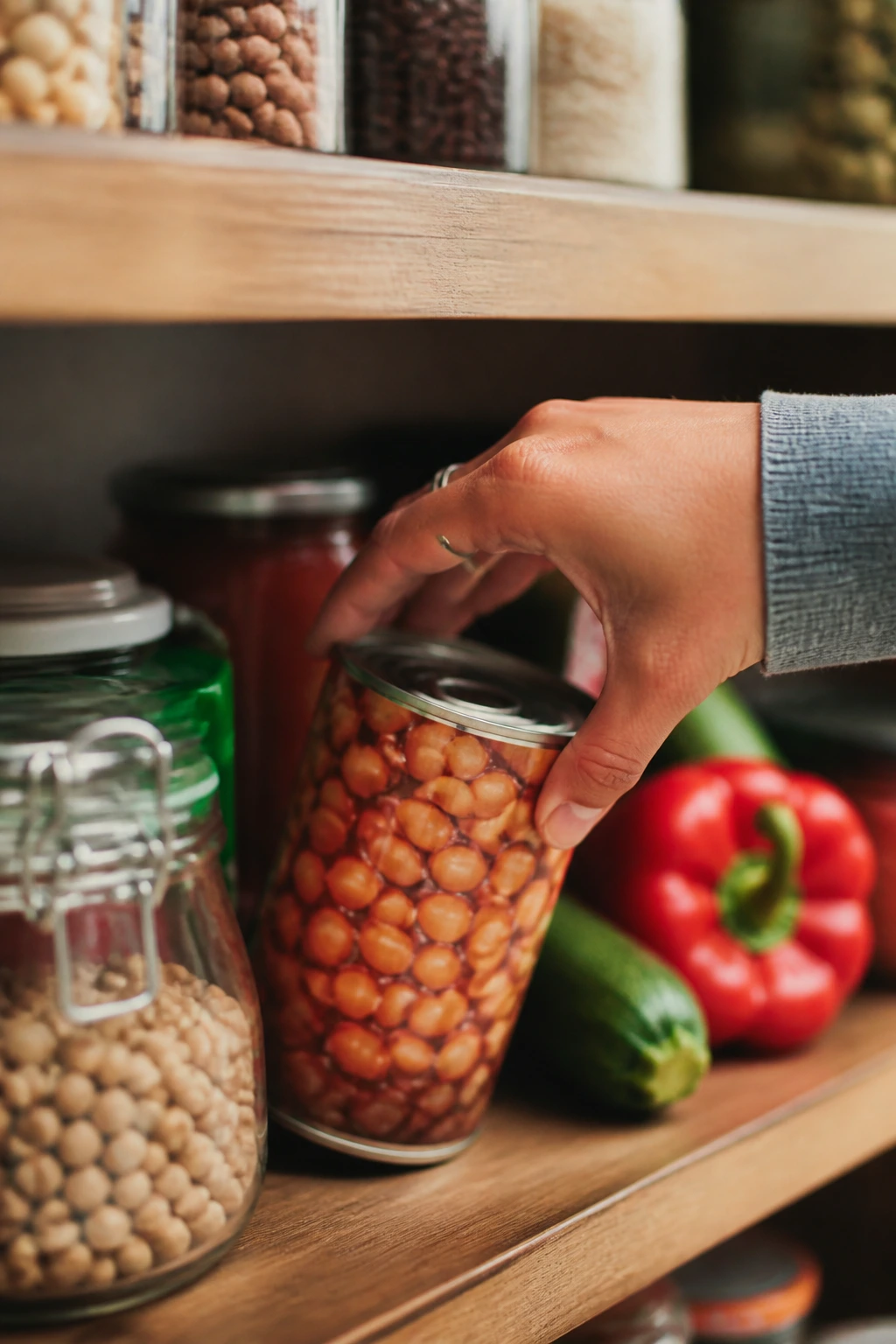 Hand selecting canned beans from pantry on a well-stocked shelf