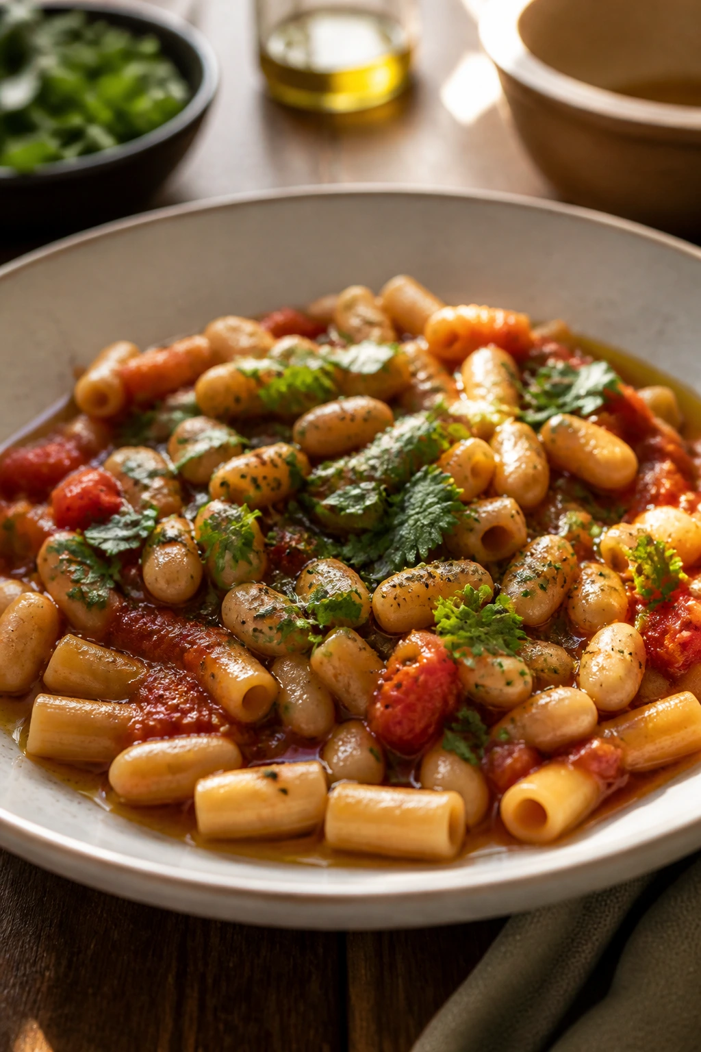 Saucy beans and pasta in a shallow bowl, garnished with parsley on a warm kitchen table.