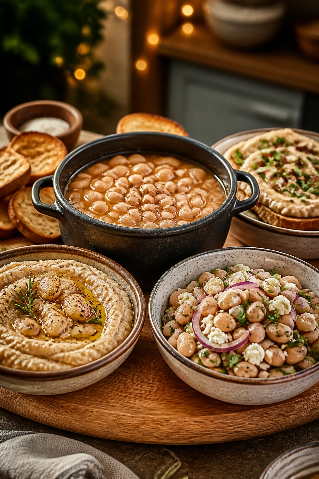 beans stretched into three snacks: dip mash and salad