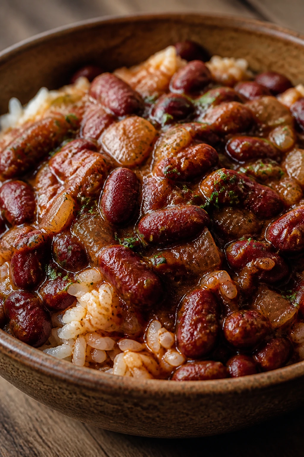 Close-up of red beans and rice in a rustic bowl