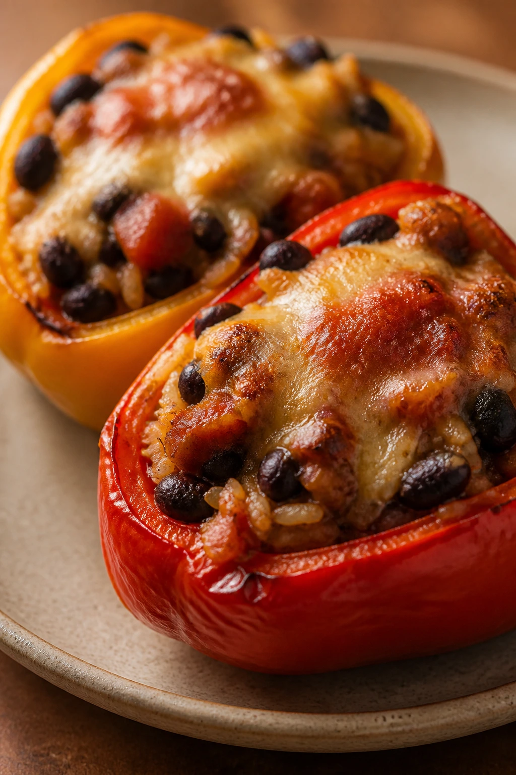 Stuffed peppers with rice and beans on plate