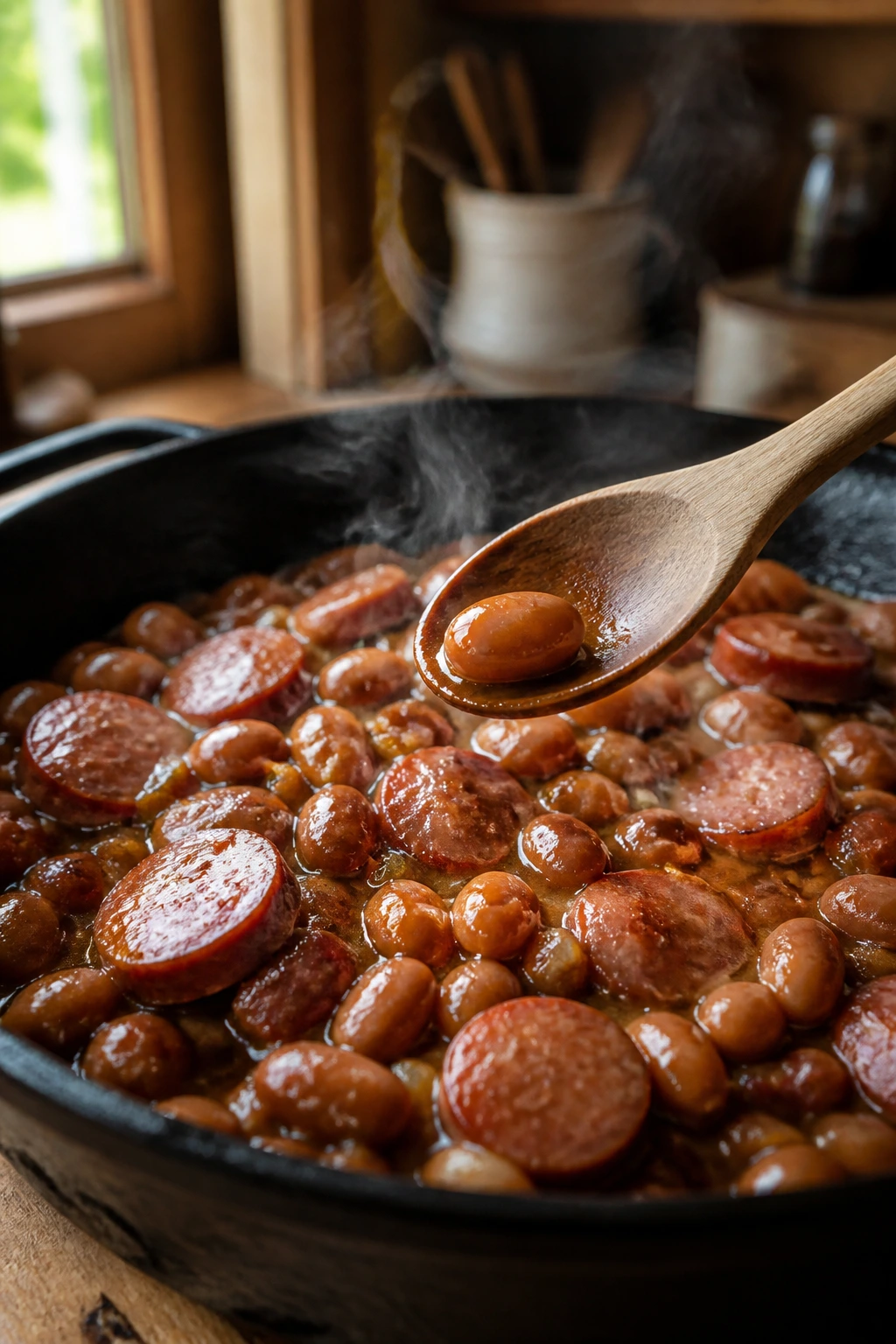 Skillet with beans and sausage cooked gently, intact beans visible