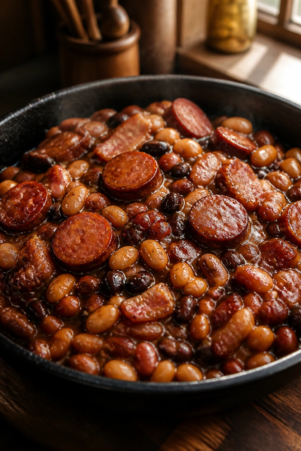 Close-up of Juicy Beans and Sausage with Brown Sugar Glaze in a cast-iron skillet with glossy sauce.