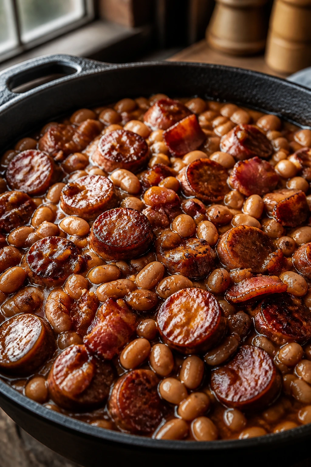 Close-up of beans and sausage in a skillet with bacon and glaze in a warm kitchen