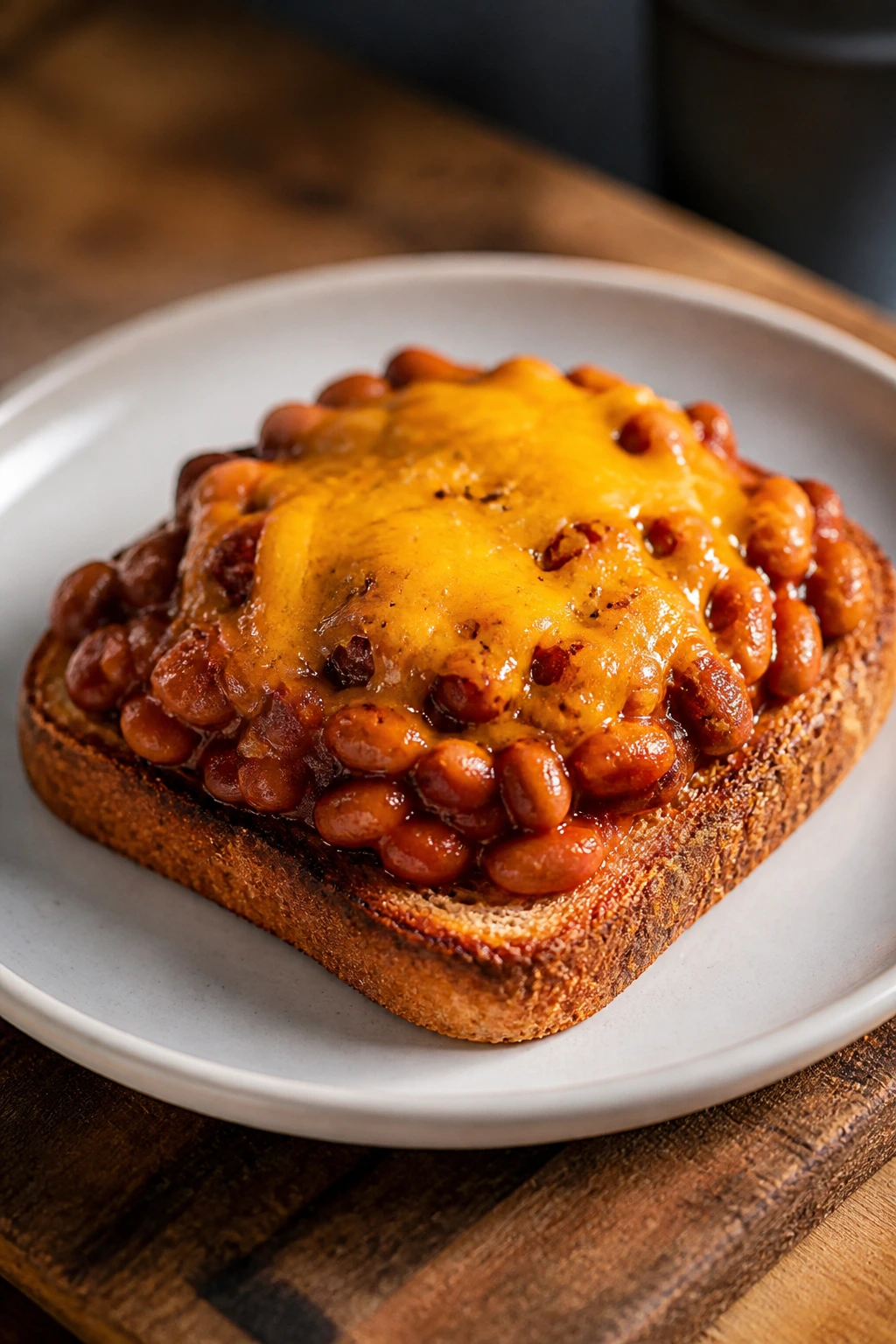 Beans on toast with chili and cheese on plate