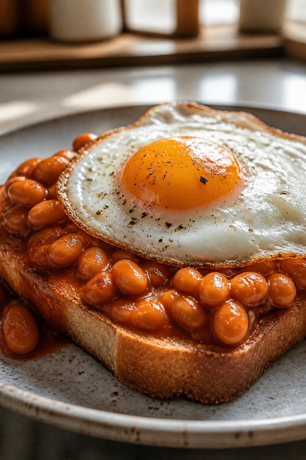 Open-faced toast topped with baked beans and a fried egg.