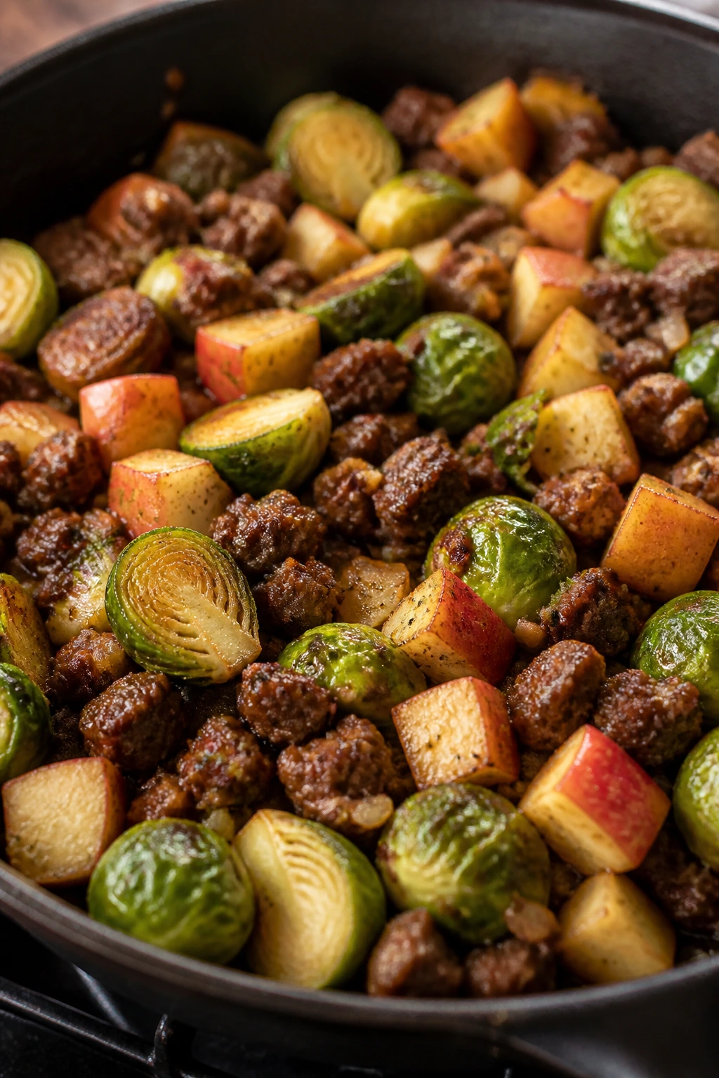 Beef, apples, and Brussels sprouts in a skillet on a stovetop