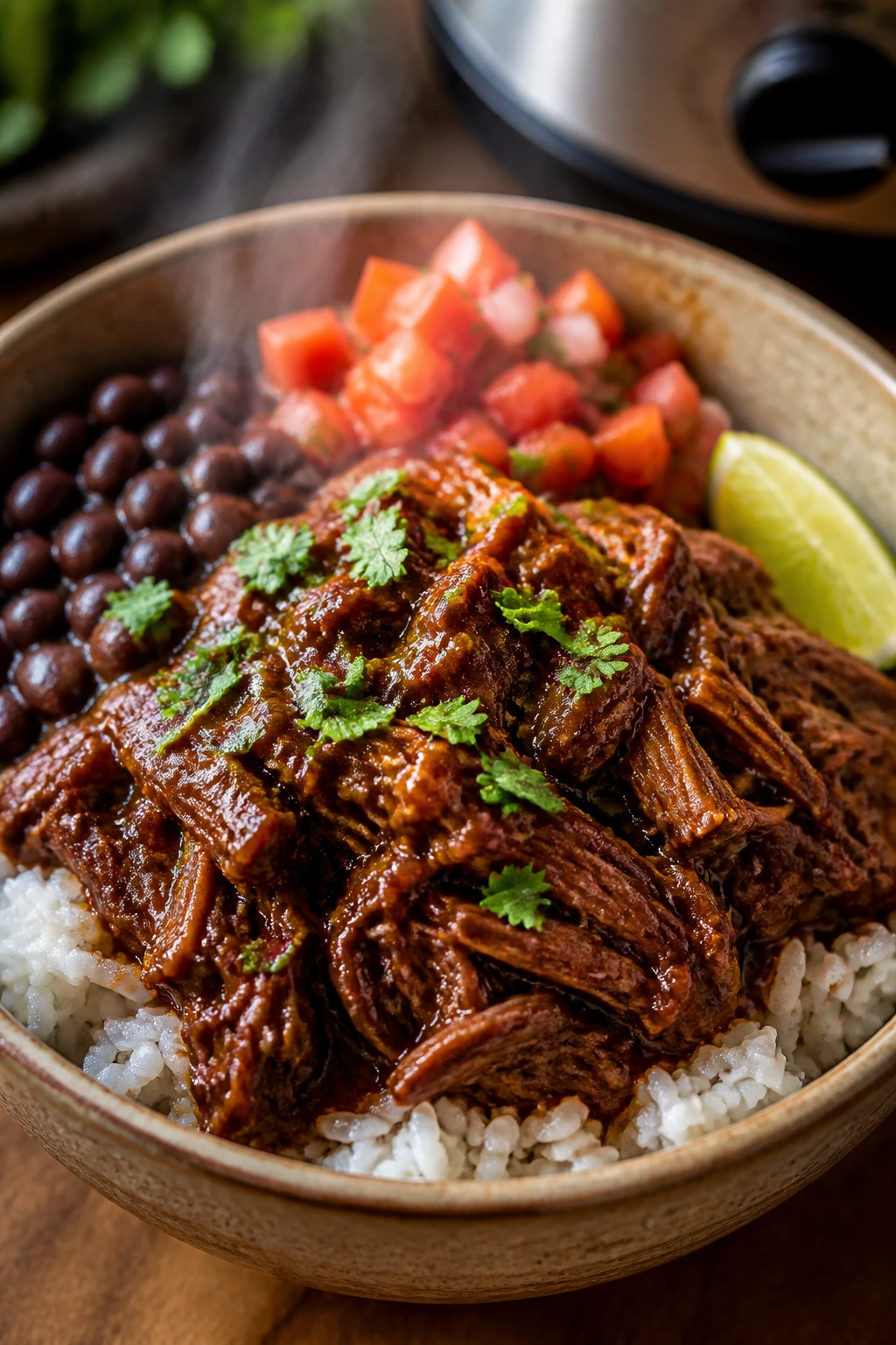 Beef barbacoa in a glossy bowl steaming in a cozy kitchen.