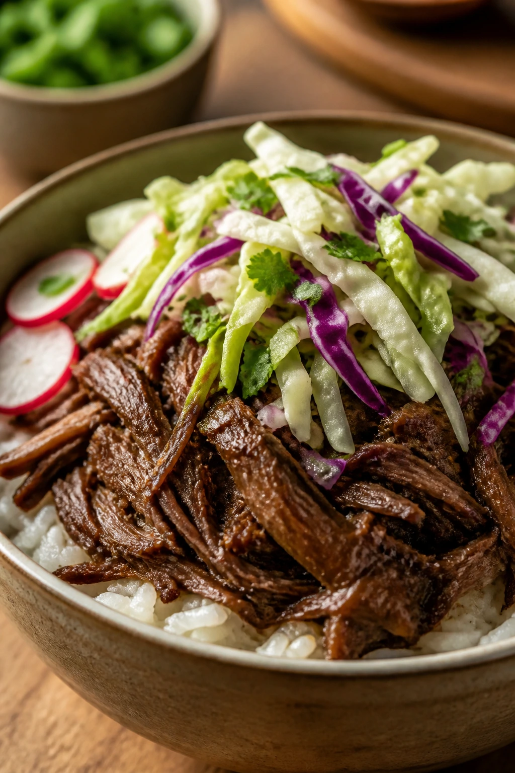 Beef Barbacoa Bowls with shredded beef over rice