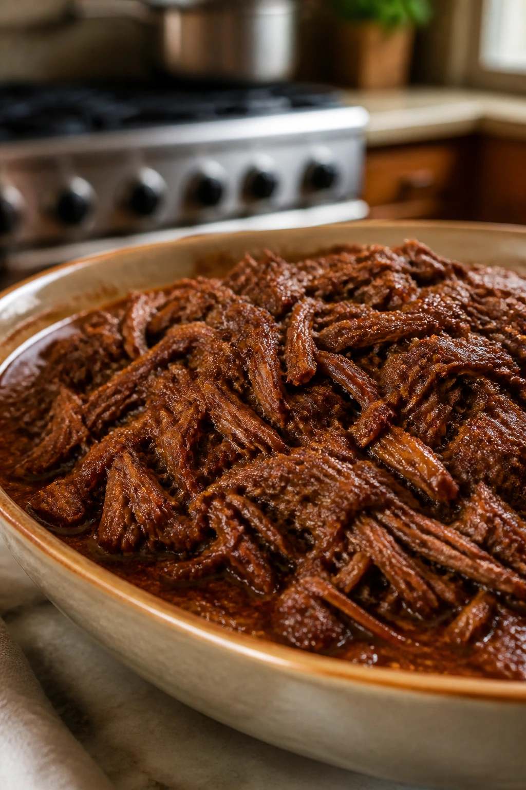 Shredded beef barbacoa bowl in smoky sauce