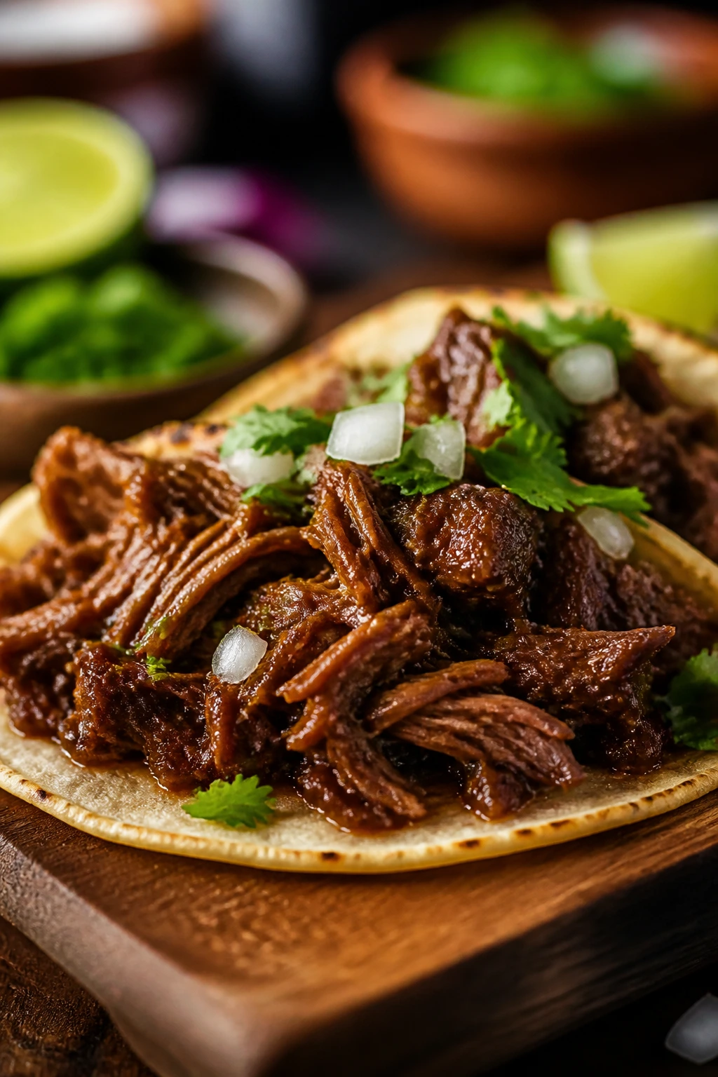 Shredded beef barbacoa on a warm tortilla on a wooden board