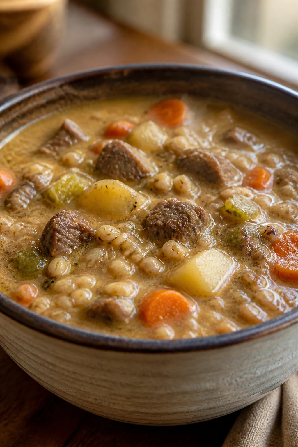 Close-up of beef and barley chowder in a rustic bowl on a wooden table