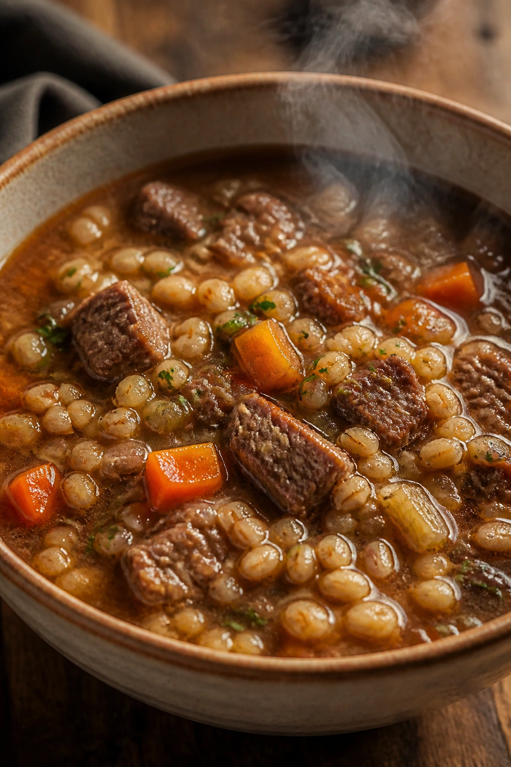 Steaming bowl of beef and barley soup in a rustic bowl