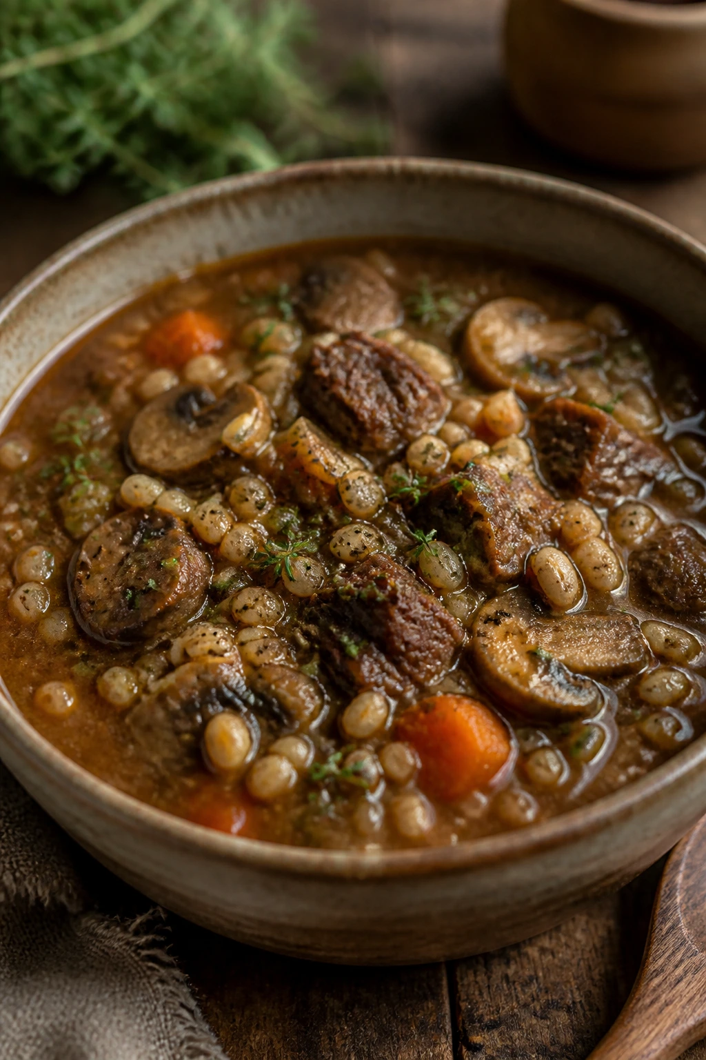Close-up of beef barley soup with barley and mushrooms in a bowl