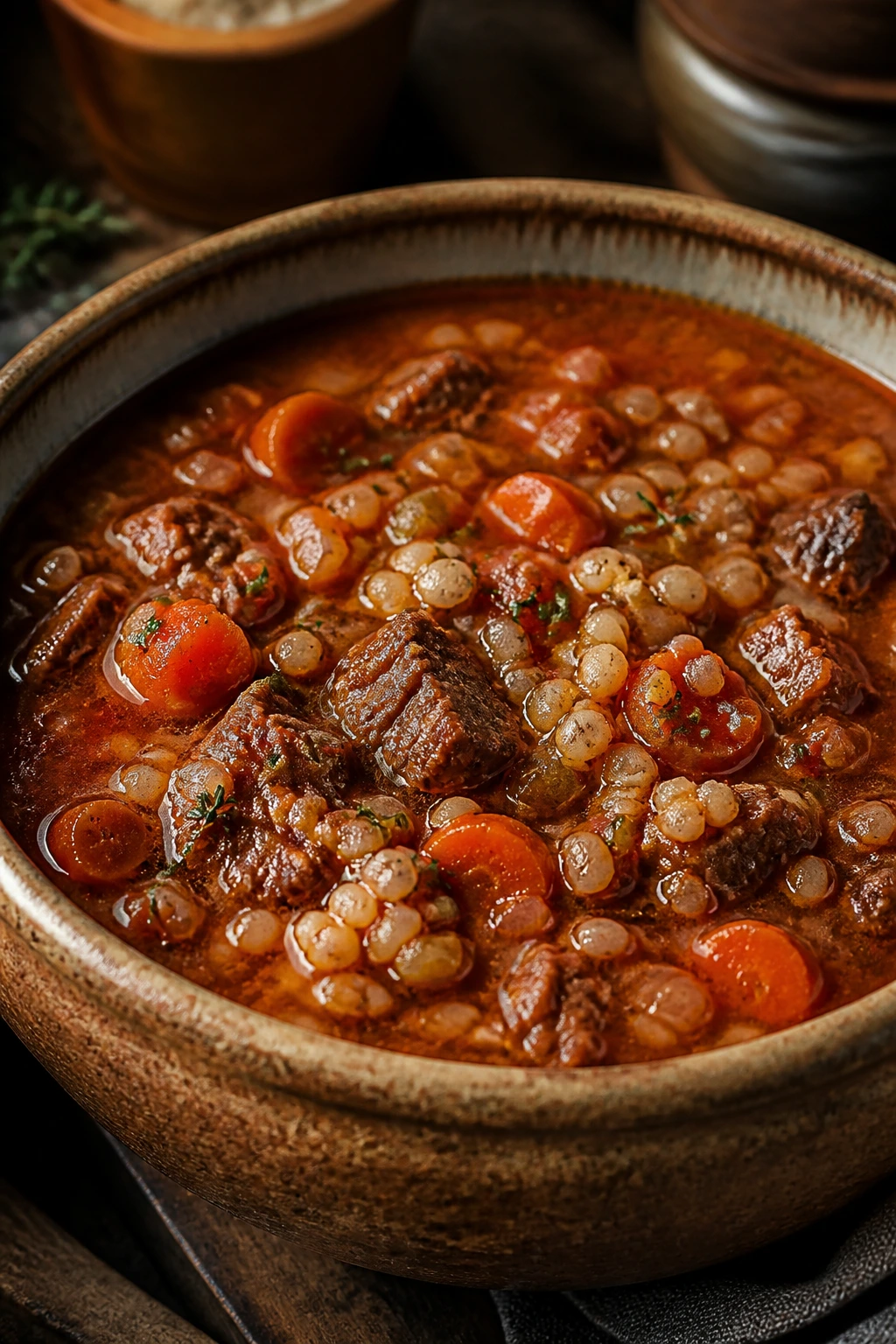 Close-up of Beef and Barley Soup in a rustic bowl