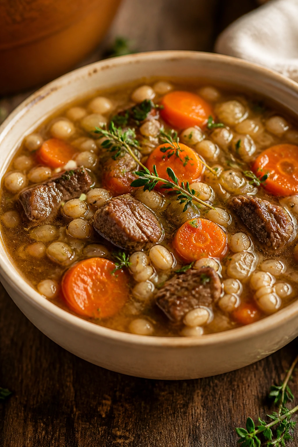 Hearty beef barley soup in a ceramic bowl on a wooden surface.