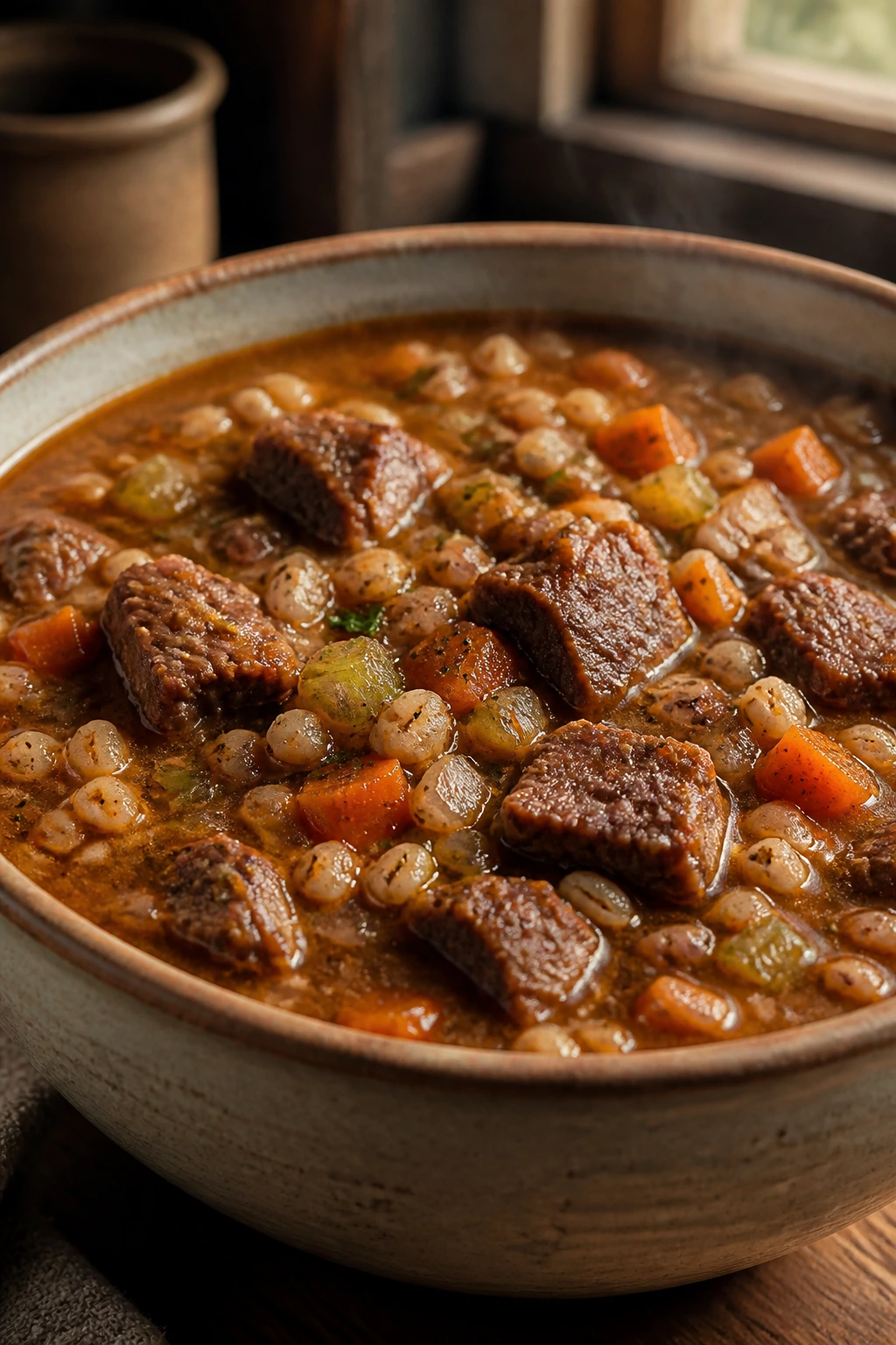 Close-up of Hearty Beef Barley Soup in a rustic bowl with beef, barley, and vegetables in a rich broth