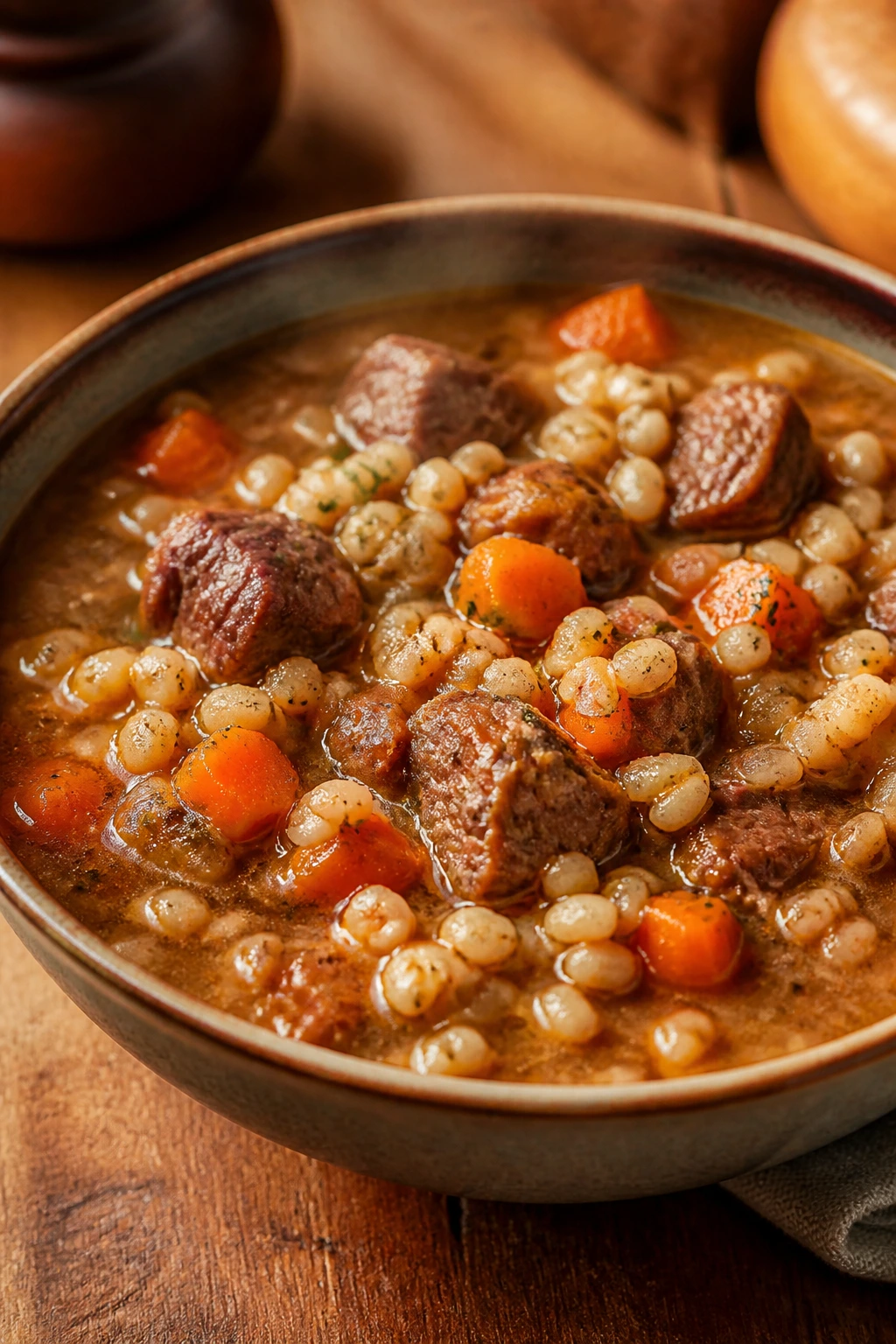 Close-up of beef barley soup in a bowl with beef, barley, and carrots on a rustic table
