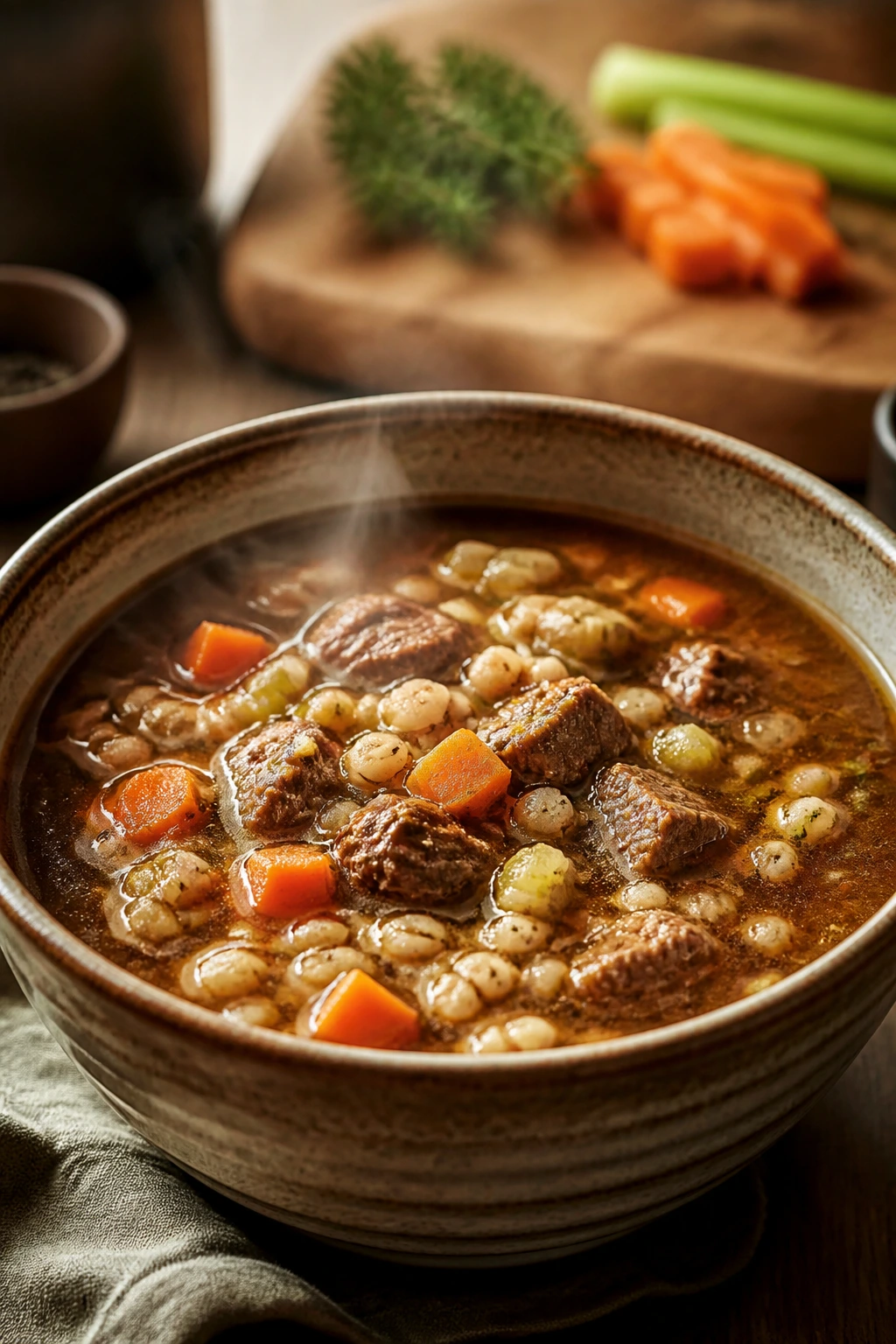 Hearty beef barley soup in rustic bowl with steam