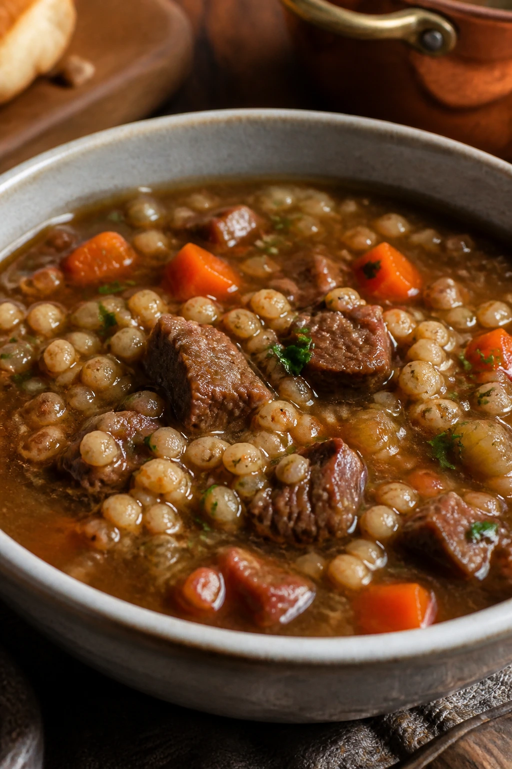 Beef barley soup with beef chunks and barley in a hearty broth.