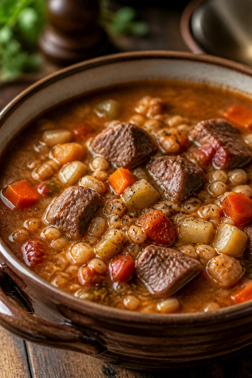Close-up of beef and barley soup in a bowl with beef and barley visible