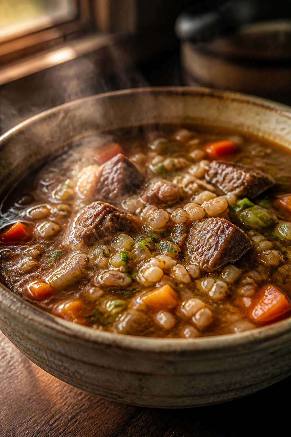 Hearty beef barley soup with beef chunks and barley
