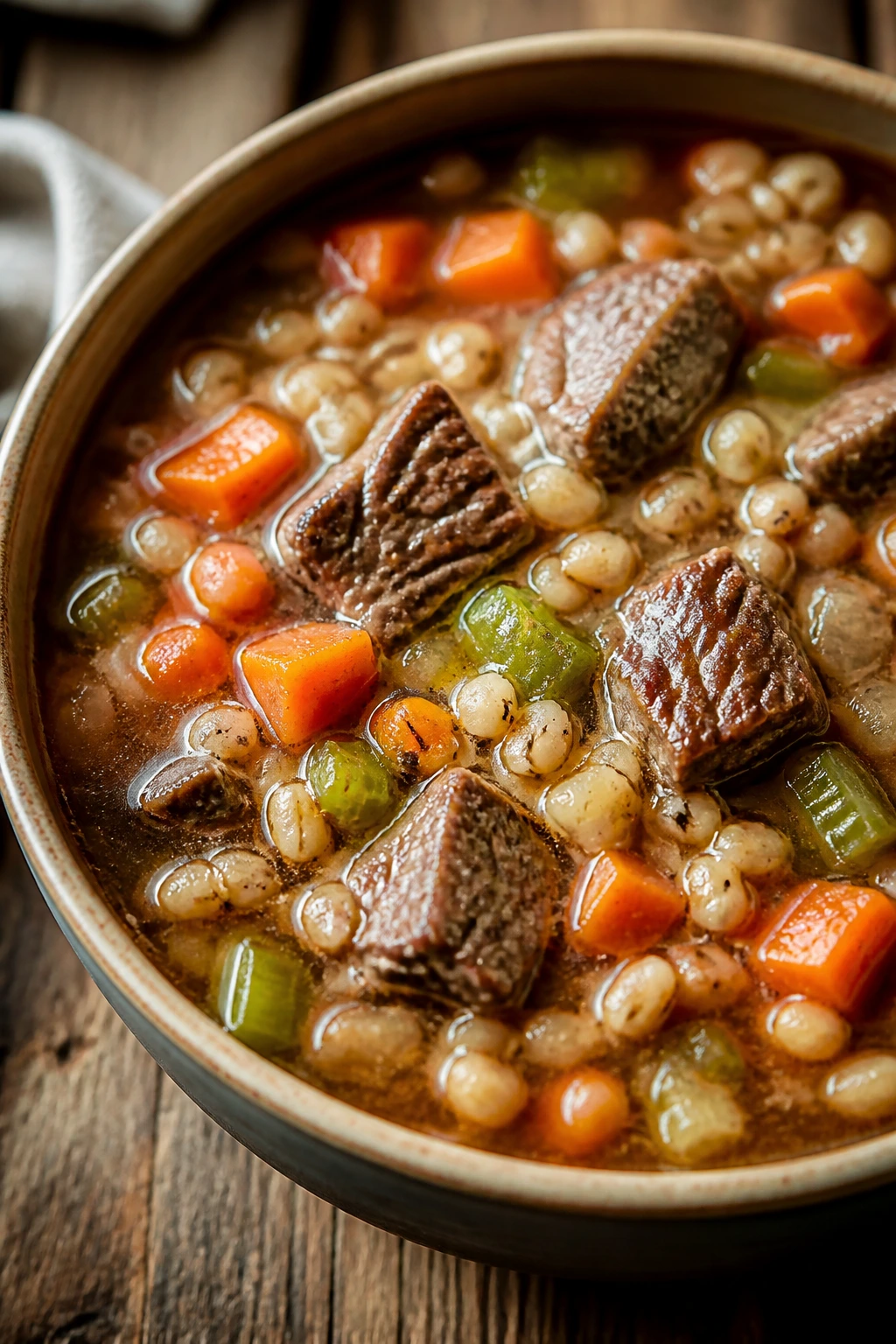Close-up of beef and barley soup with vegetables in a bowl