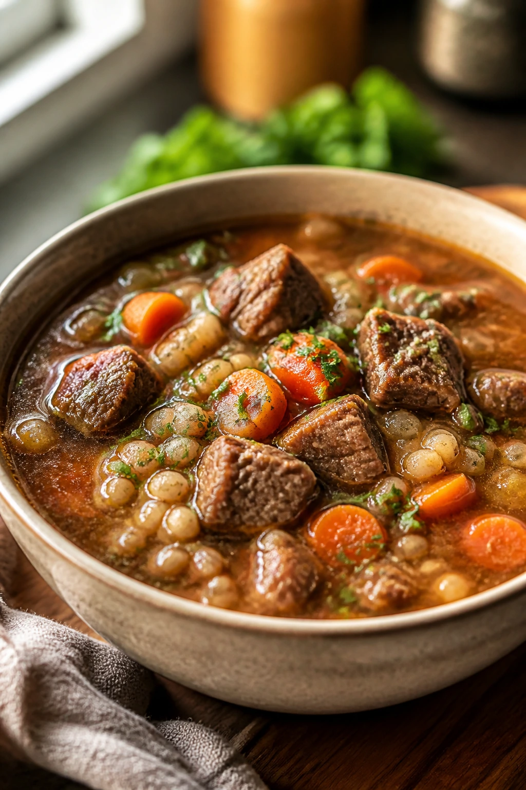 Beef barley soup with beef chunks and barley in a bowl