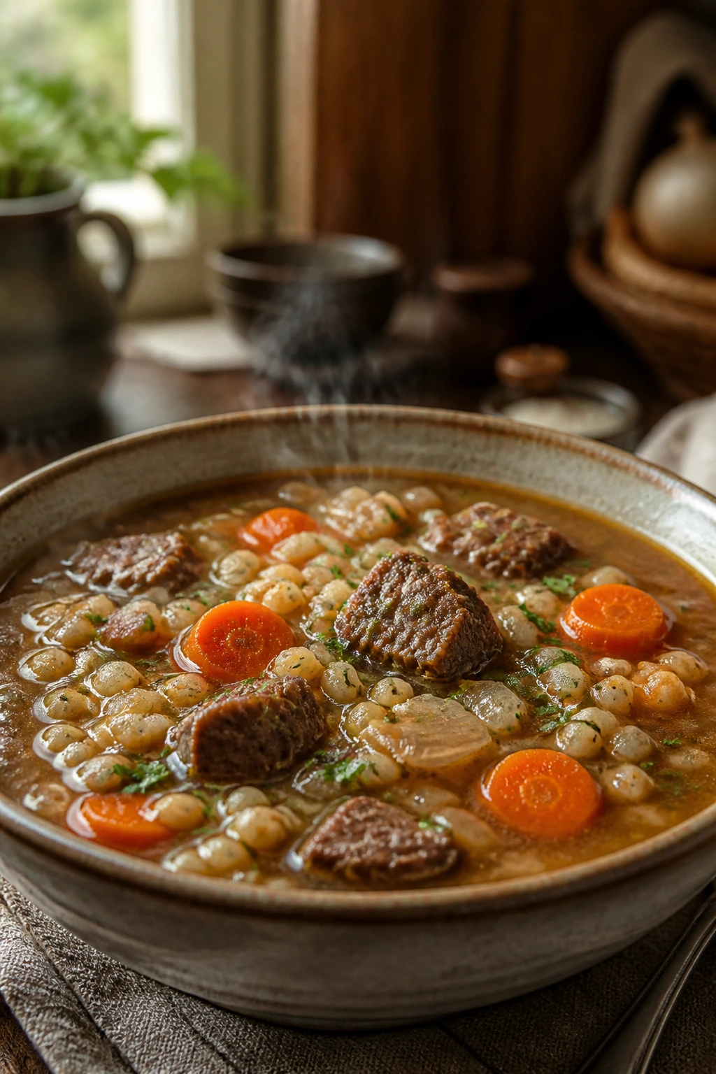 Beef and barley soup in rustic bowl with barley and vegetables
