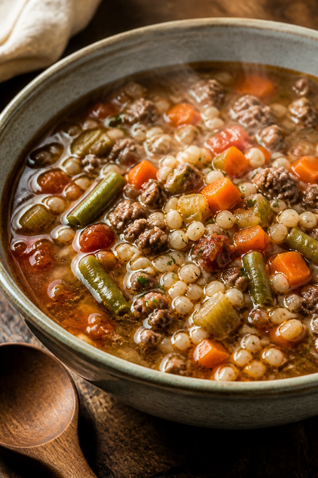 Steaming bowl of beef barley vegetable soup with visible barley and vegetables