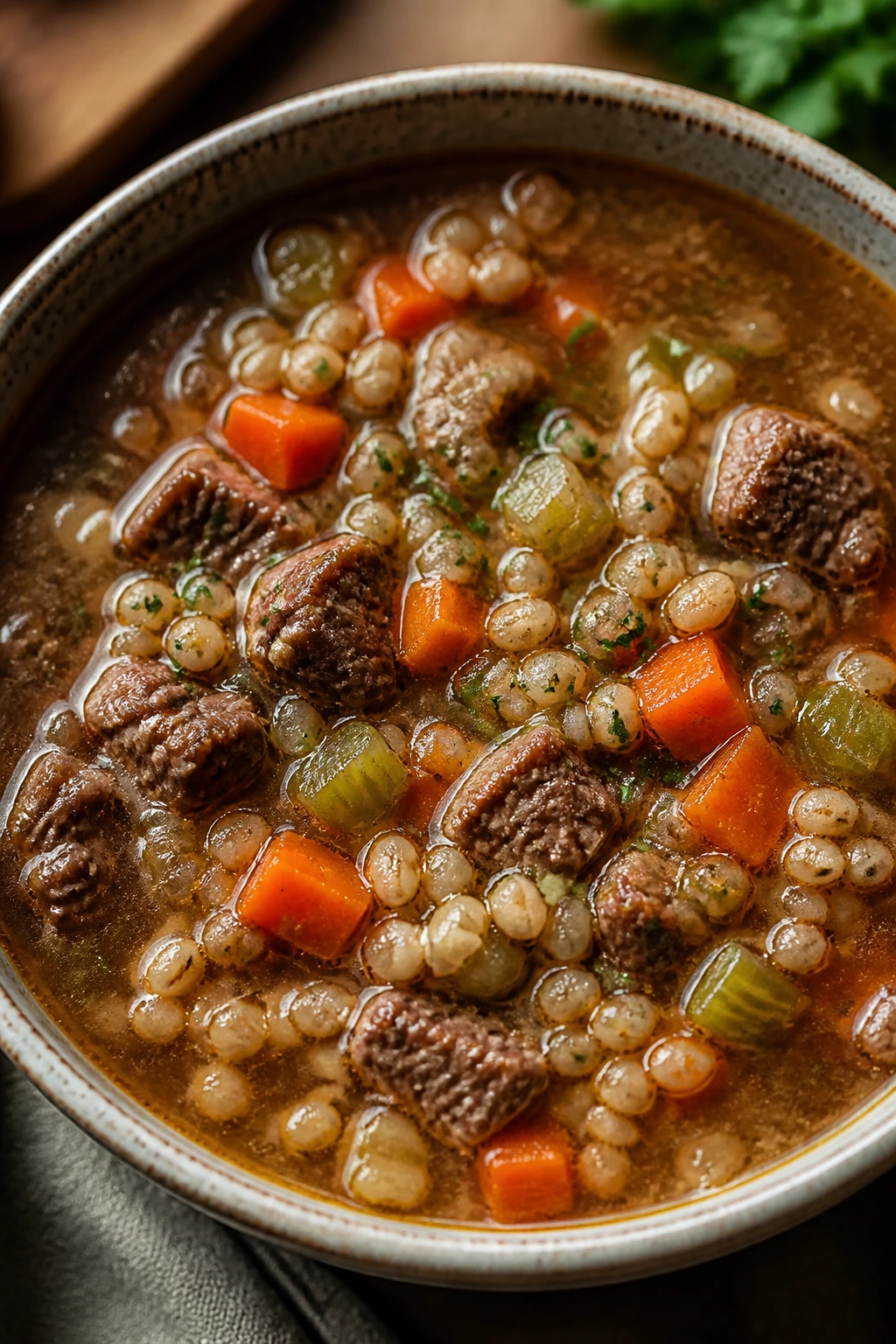 Top-down view of hearty beef barley soup in a bowl
