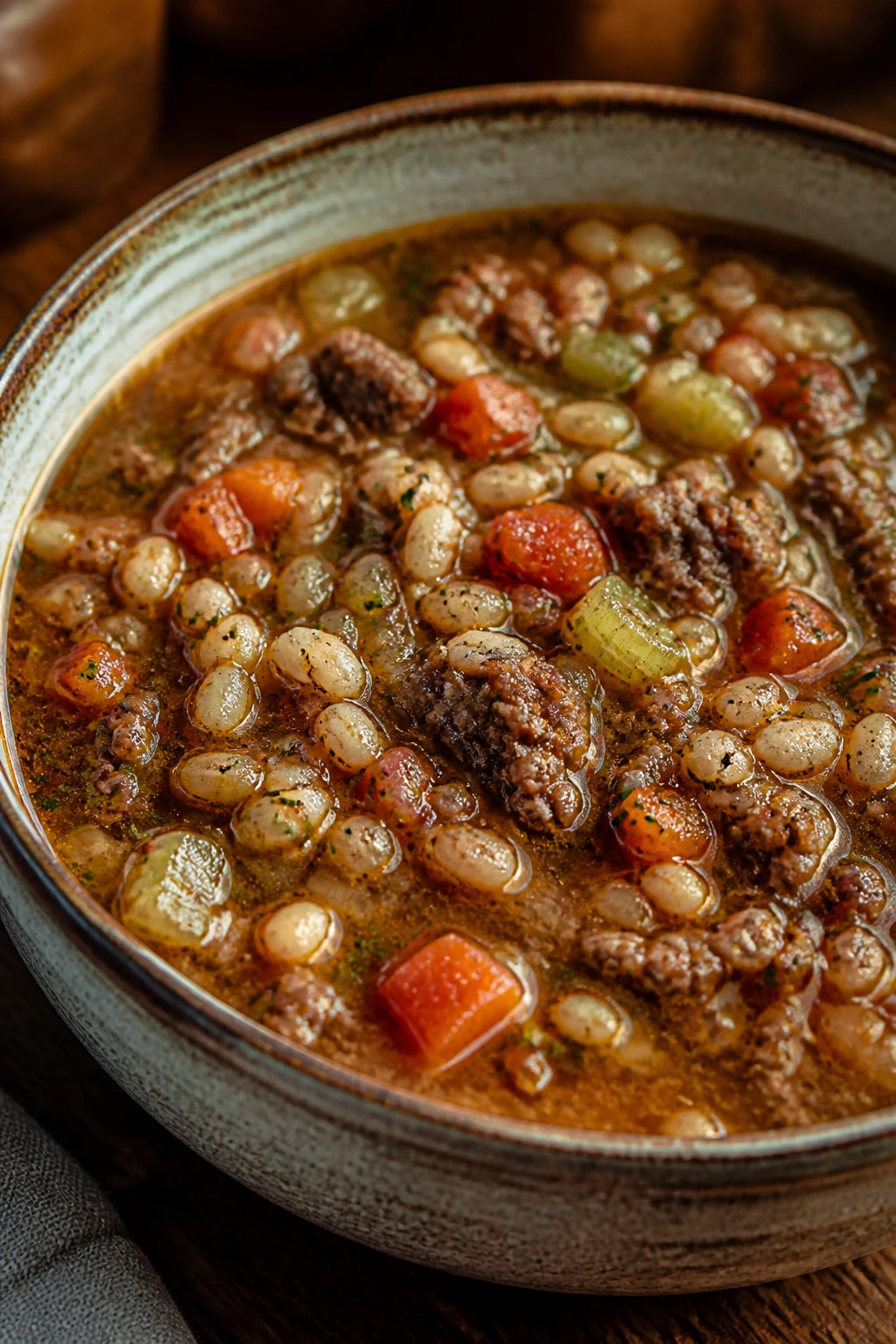 Close-up of steaming beef and barley soup in a rustic kitchen