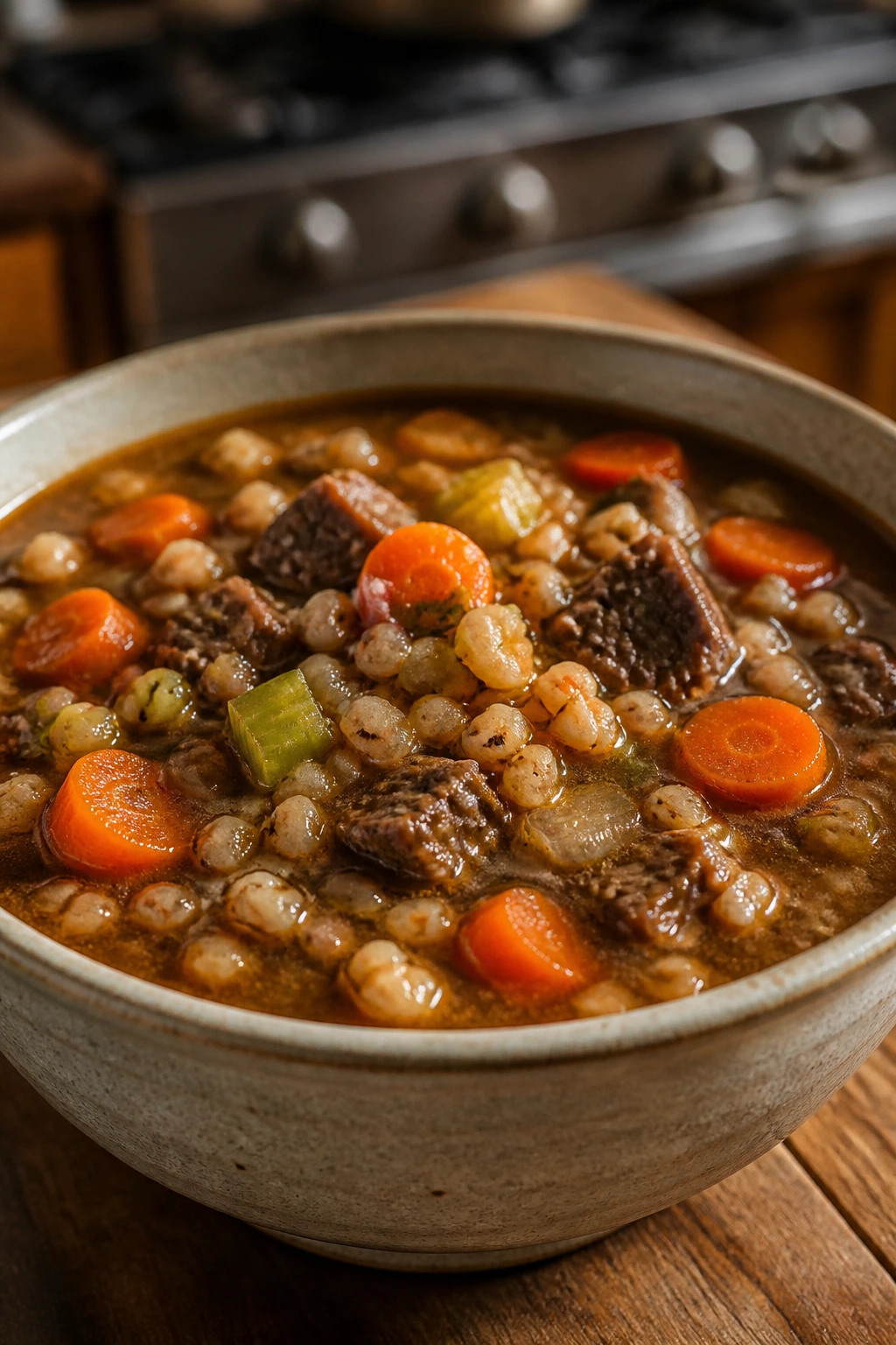 Beef and barley soup with carrots and celery in a rustic bowl.