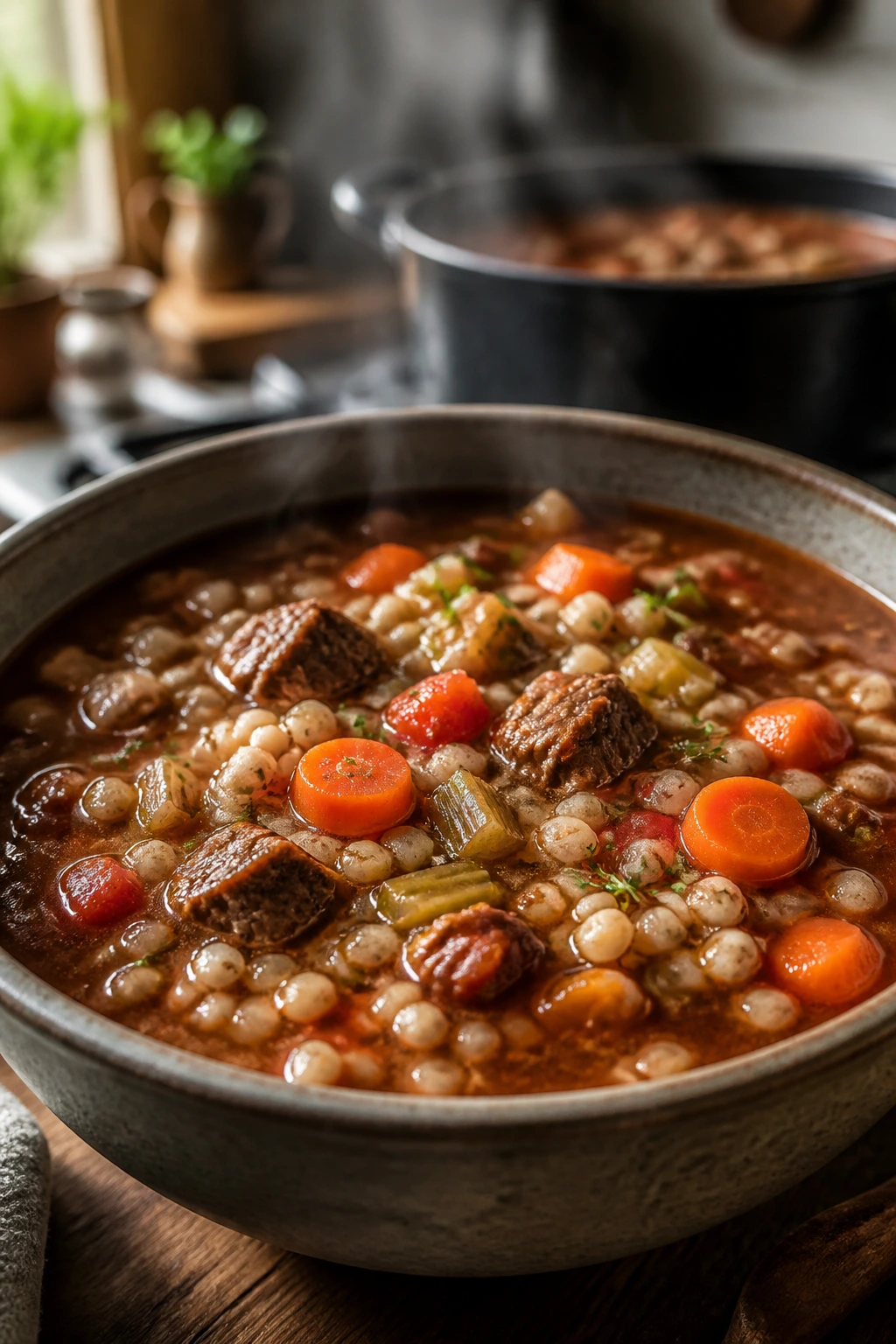 Close-up of Beef Barley Soup in a rustic bowl with beef, barley, and vegetables in a steaming broth