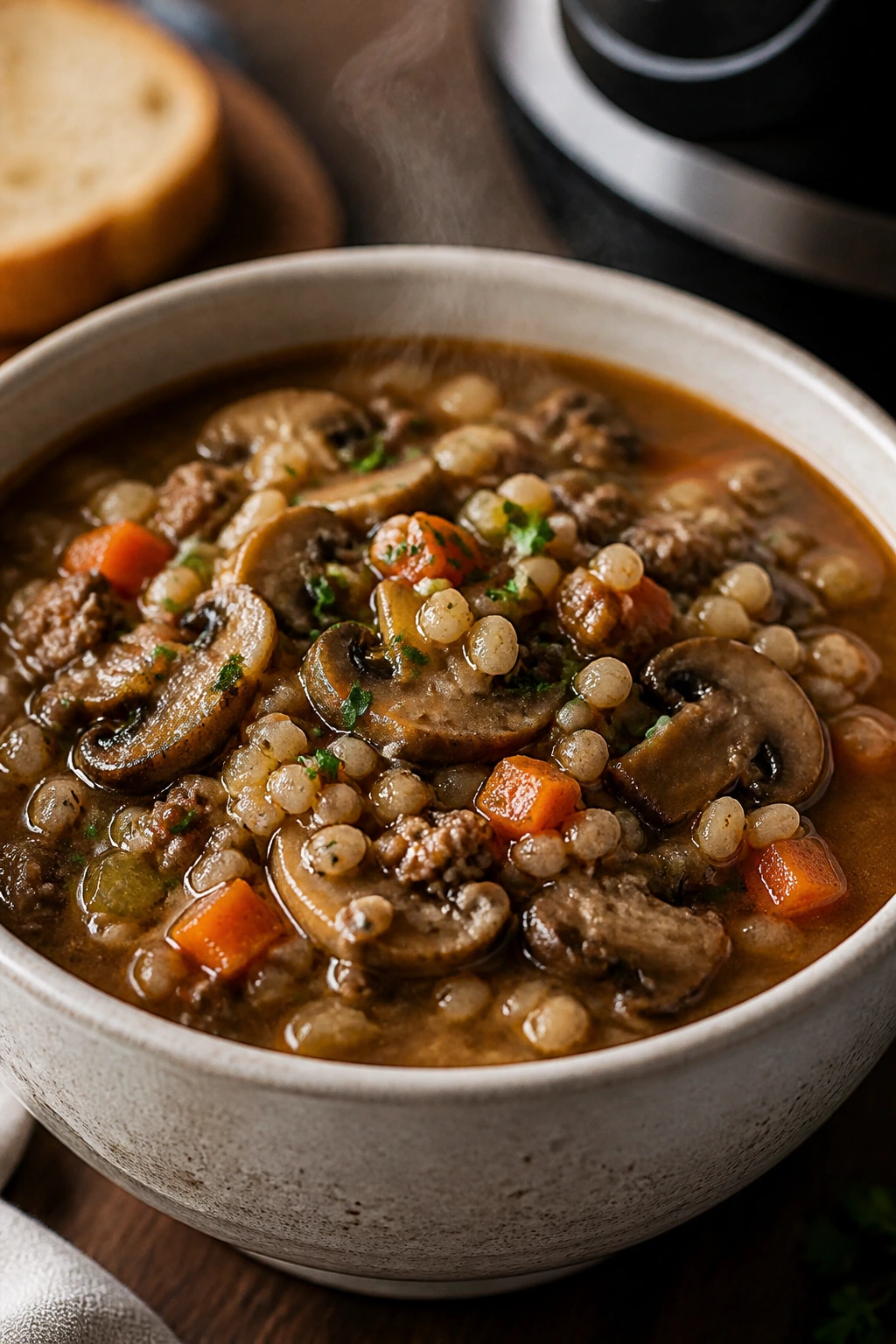 Close-up of Slow-Cooker Beef Barley Soup with Mushrooms in a steaming bowl