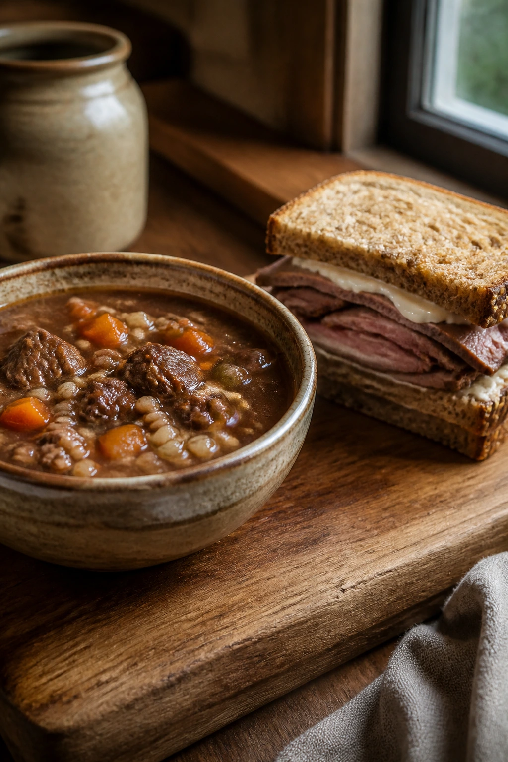 Beef barley soup with horseradish roast beef sandwich on rye on a wooden board