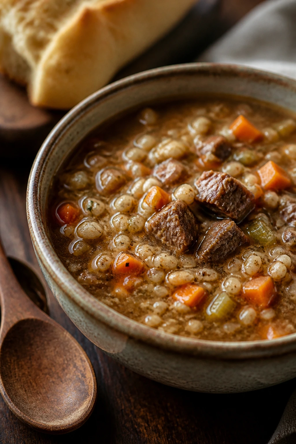 Steaming bowl of beef and barley soup with barley pearls and vegetables
