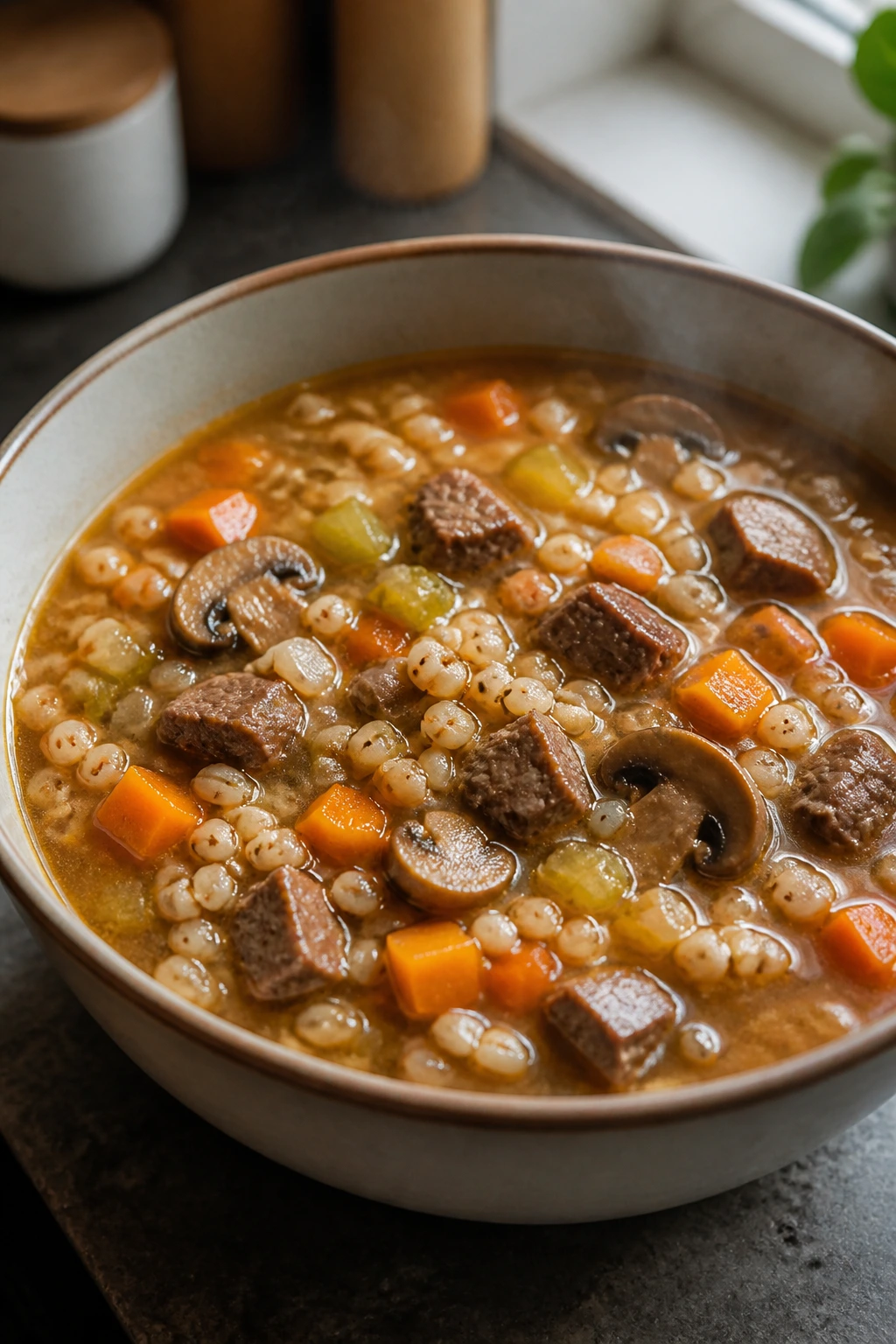 Steaming bowl of beef barley vegetable soup with vegetables